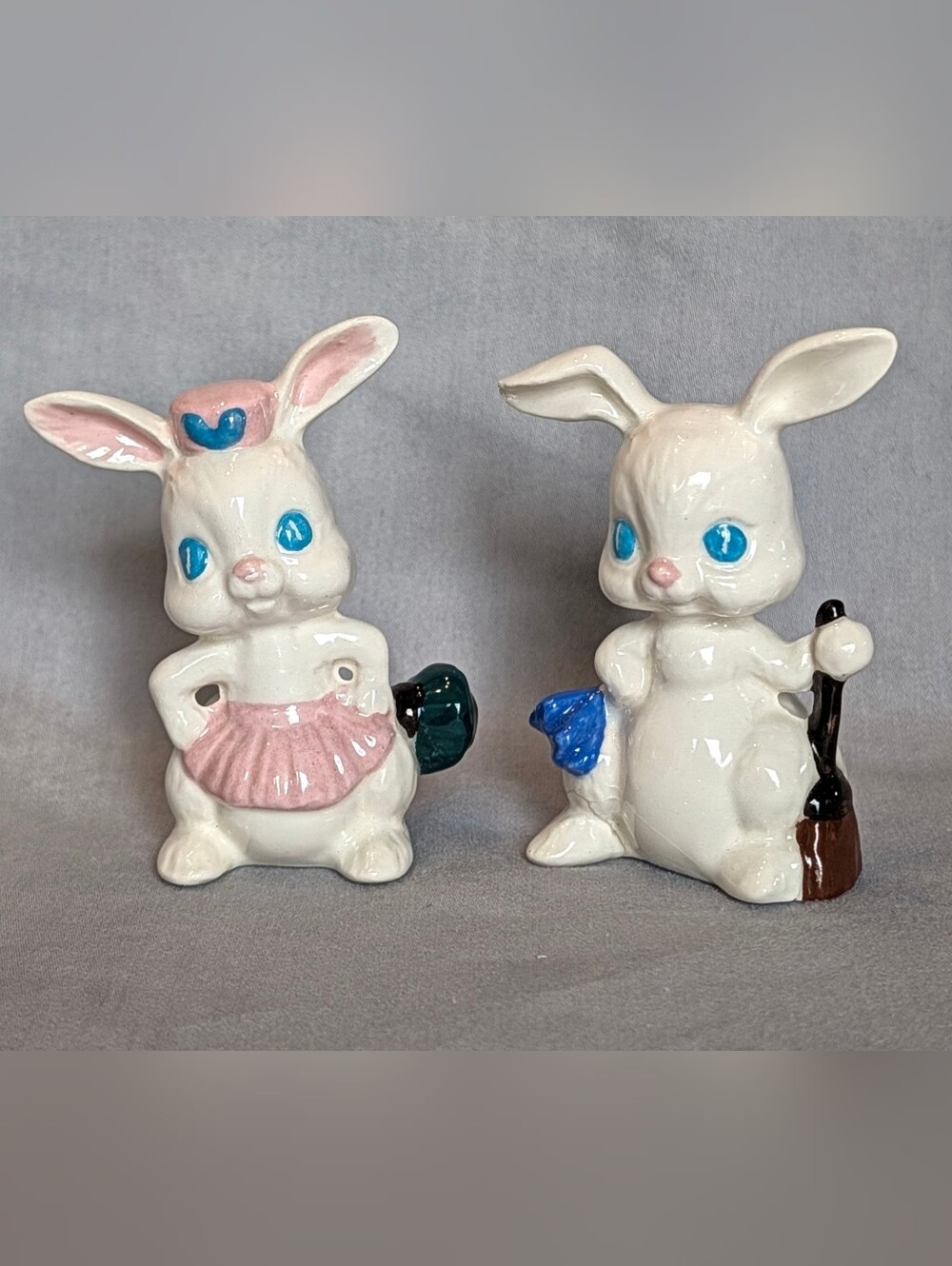 Vintage Bunny Housekeeper Figurines Pair 2.5" Pink Blue Ceramic Easter